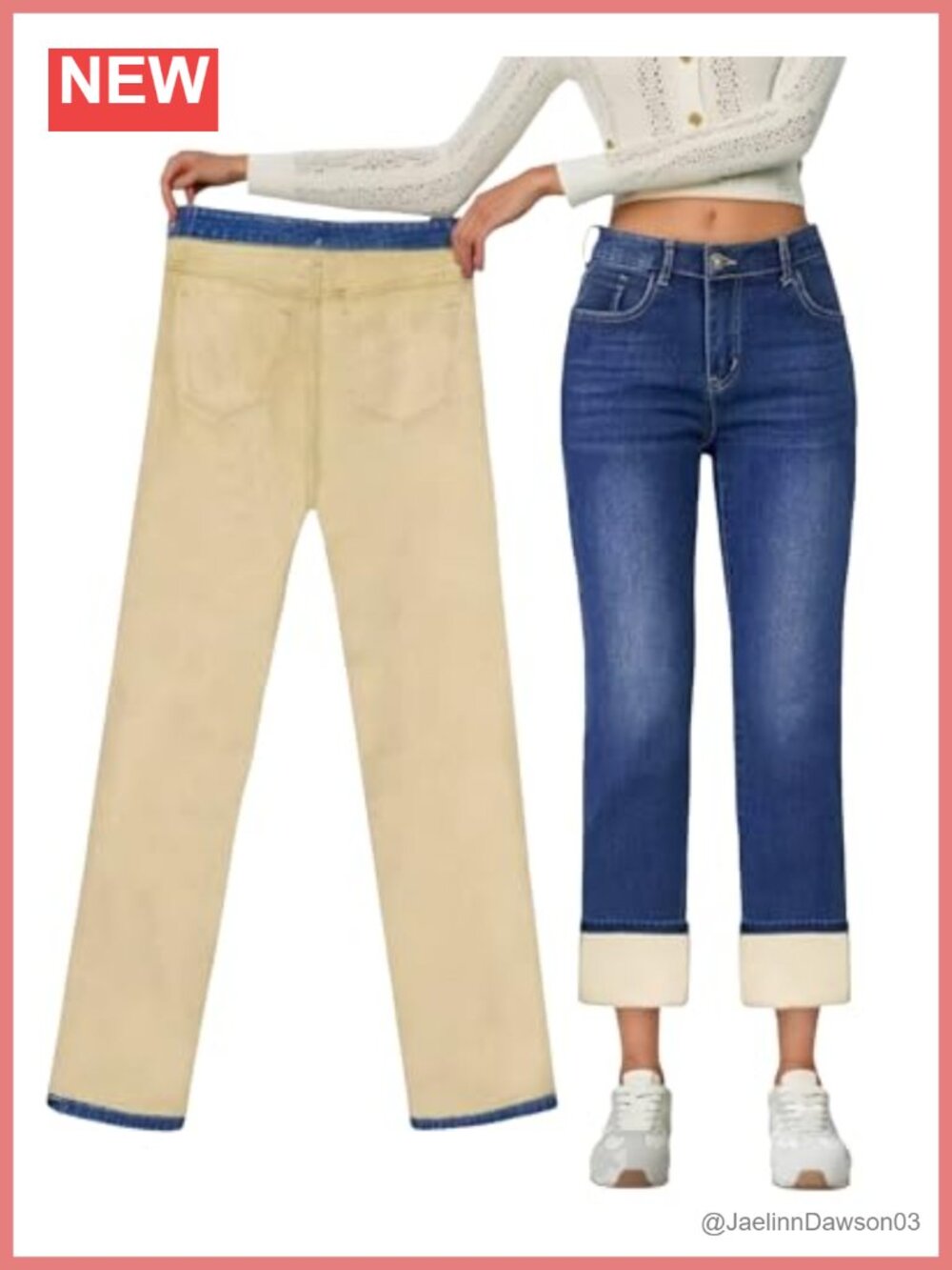 Fleece Lined Winter Thermal Jeans Straight Leg High Rise Warm Denim Pants